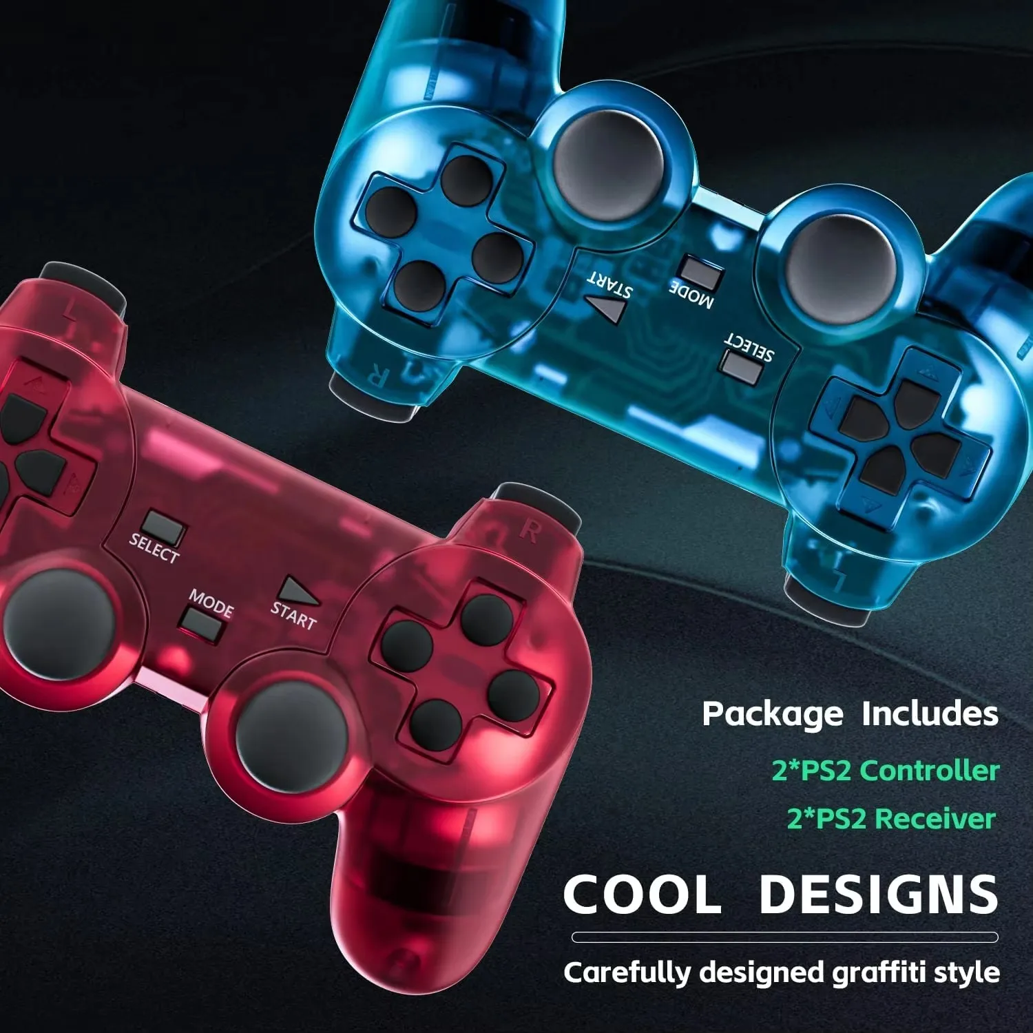 Manette Gaming Sans Fil P2 PS2 – Double Vibration, Turbo, Design Transparent