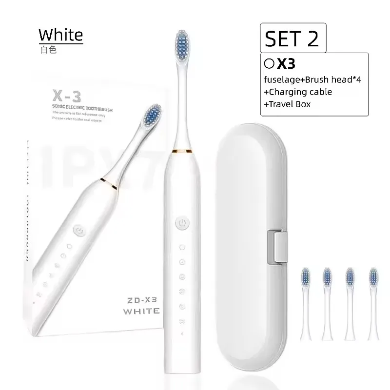 Brosse à Dents Électrique Sonique X-3 Rechargeable 5 Modes – Lot de 4 Têtes Douces IPX7