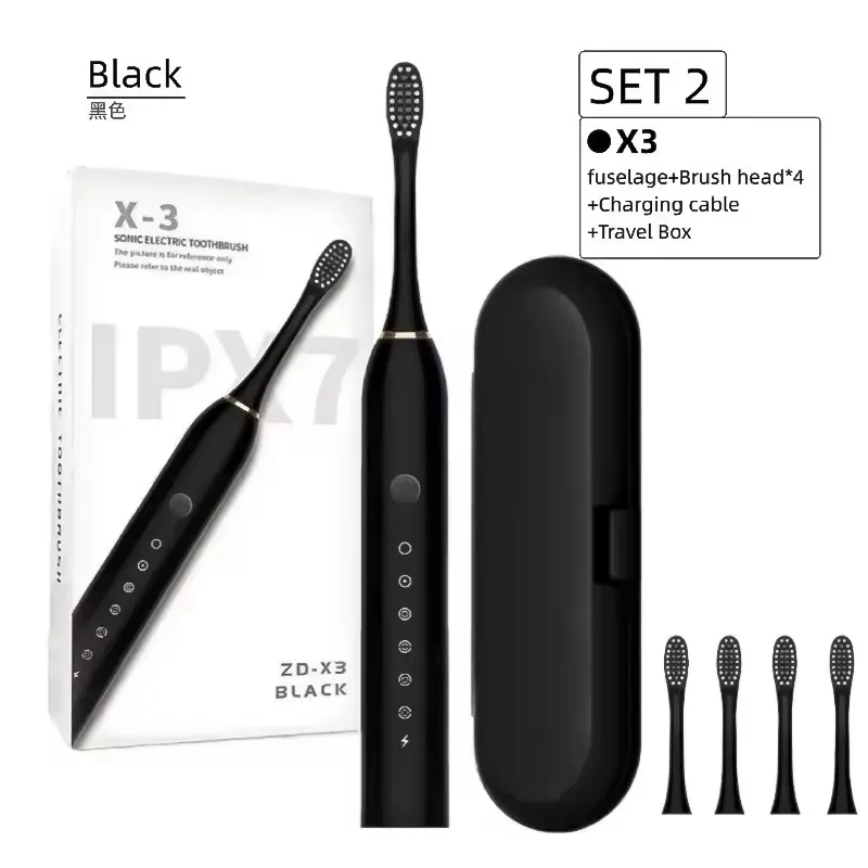 Brosse à Dents Électrique Sonique X3 – 5 Modes, Rechargeable USB-C, IPX7, 4 Têtes Douces