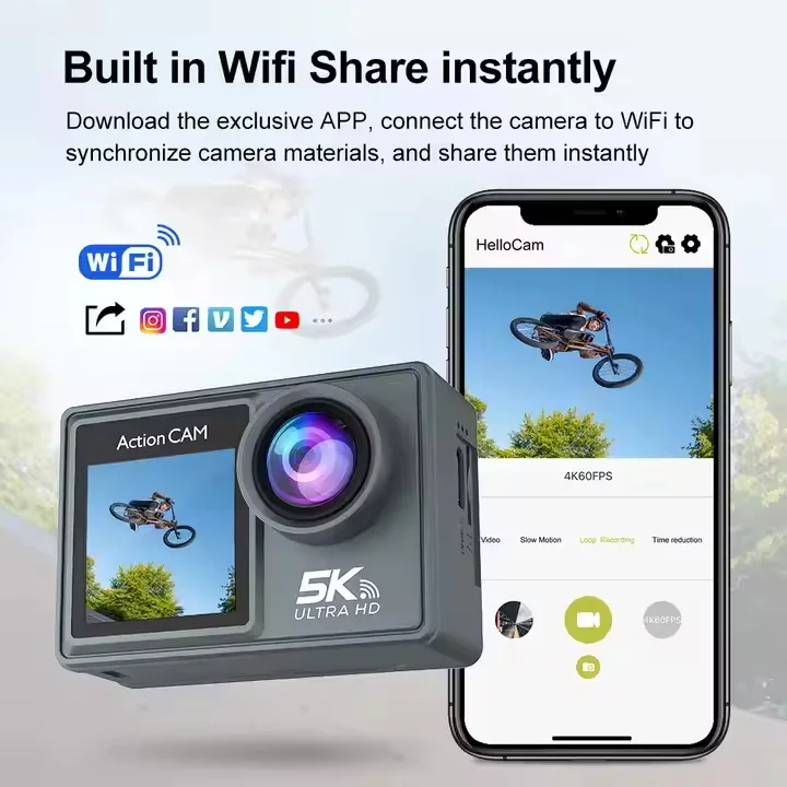 Caméra Action Sport 5K WiFi – Écran 2" Waterproof 30M Grand Angle 170°