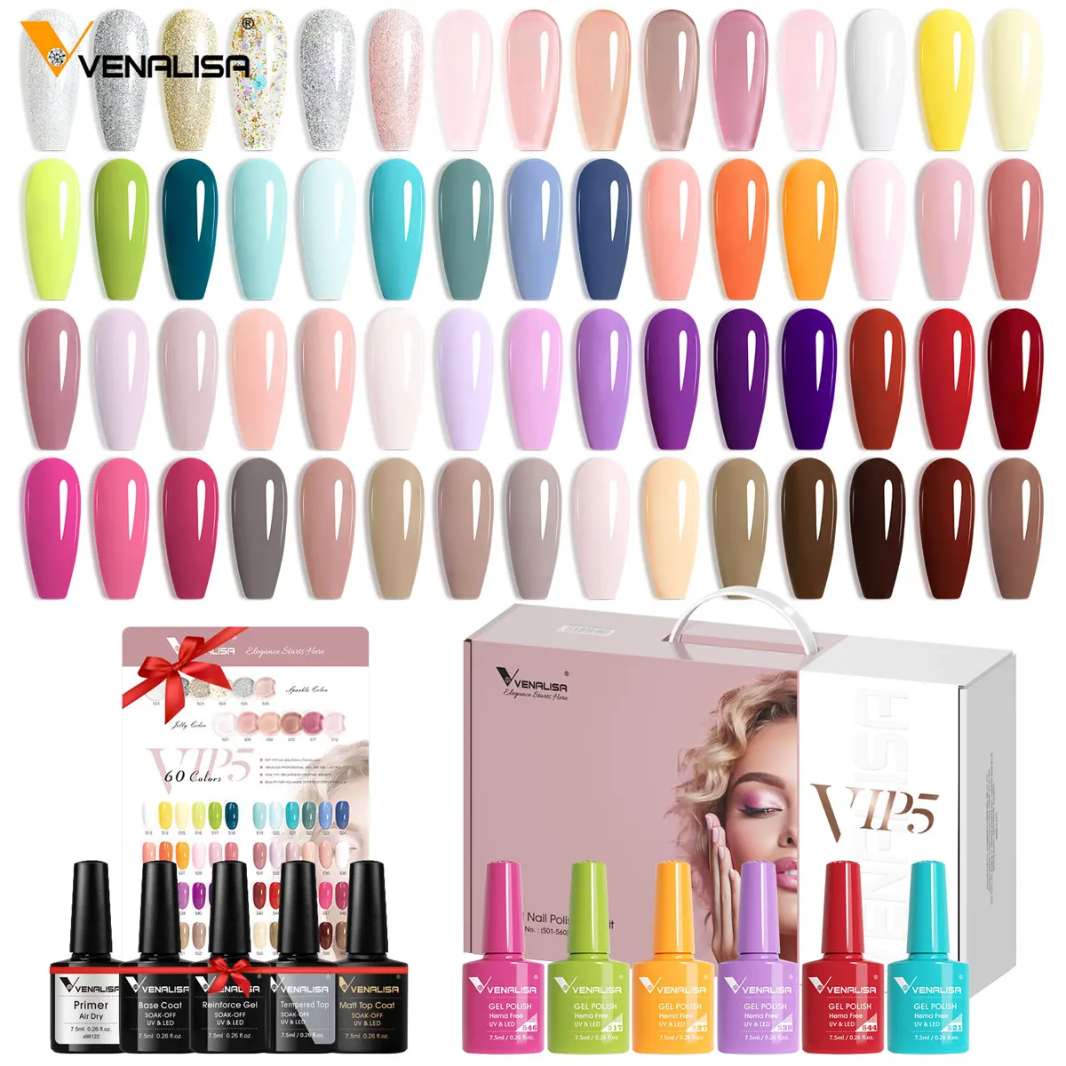 Venalisa VIP5 Kit 60 Vernis Gel UV Permanent Hema Free 7.5ml – Longue Durée