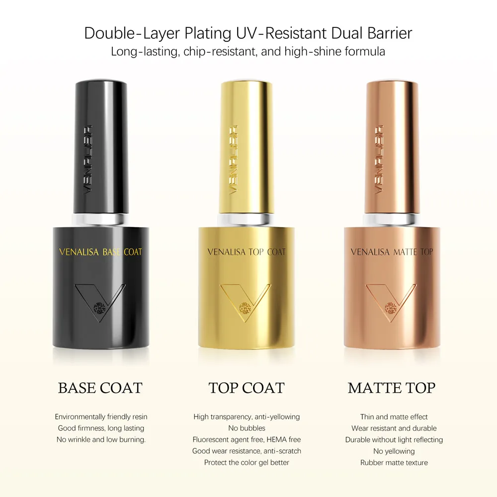 VENALISA Kit Gel UV Ongles Base Coat + Top Coat + Matte Top Coat 10ml