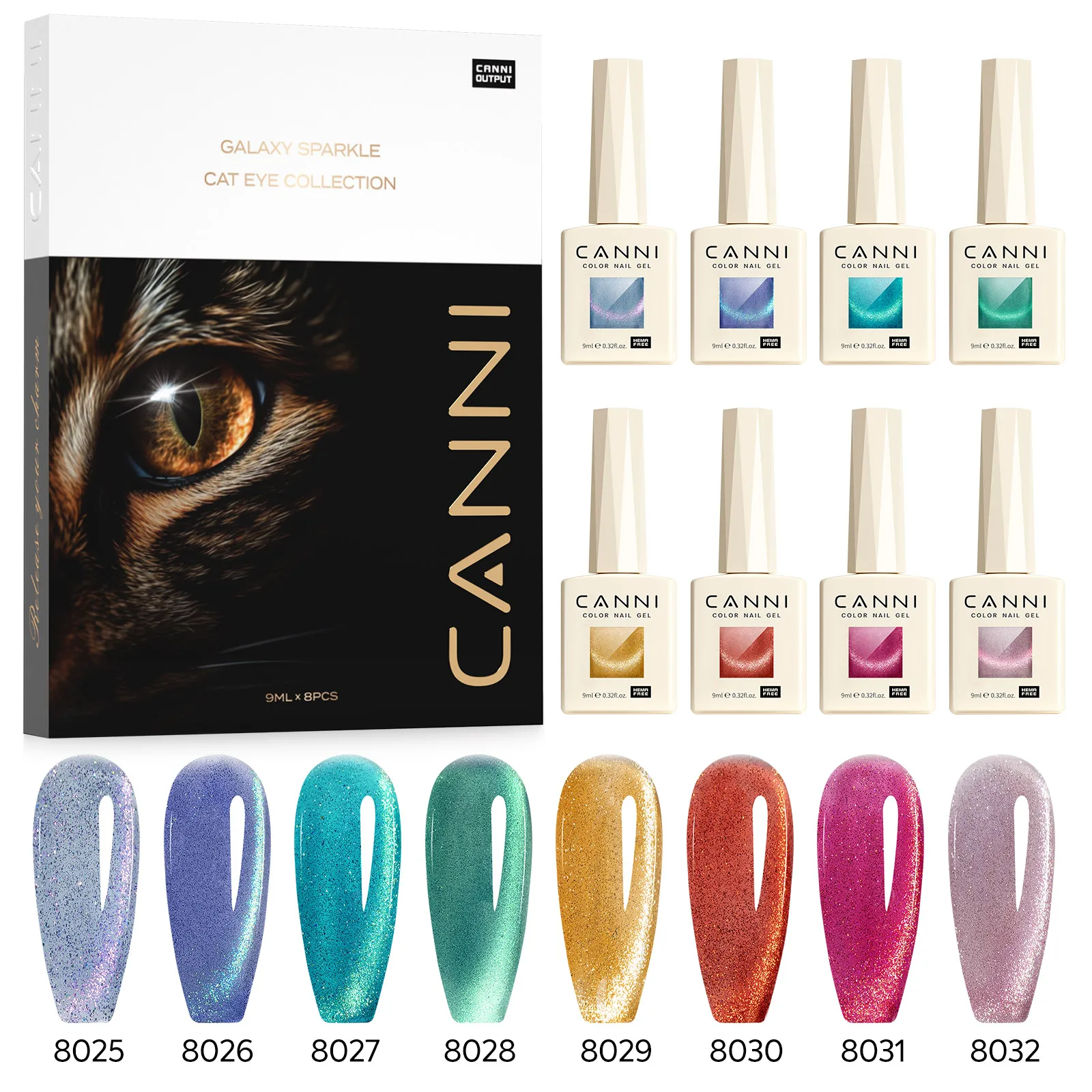 CANNI Kit Vernis Gel UV/LED Cat Eye 9ml – Set 8 Pièces Paillettes Sans HEMA