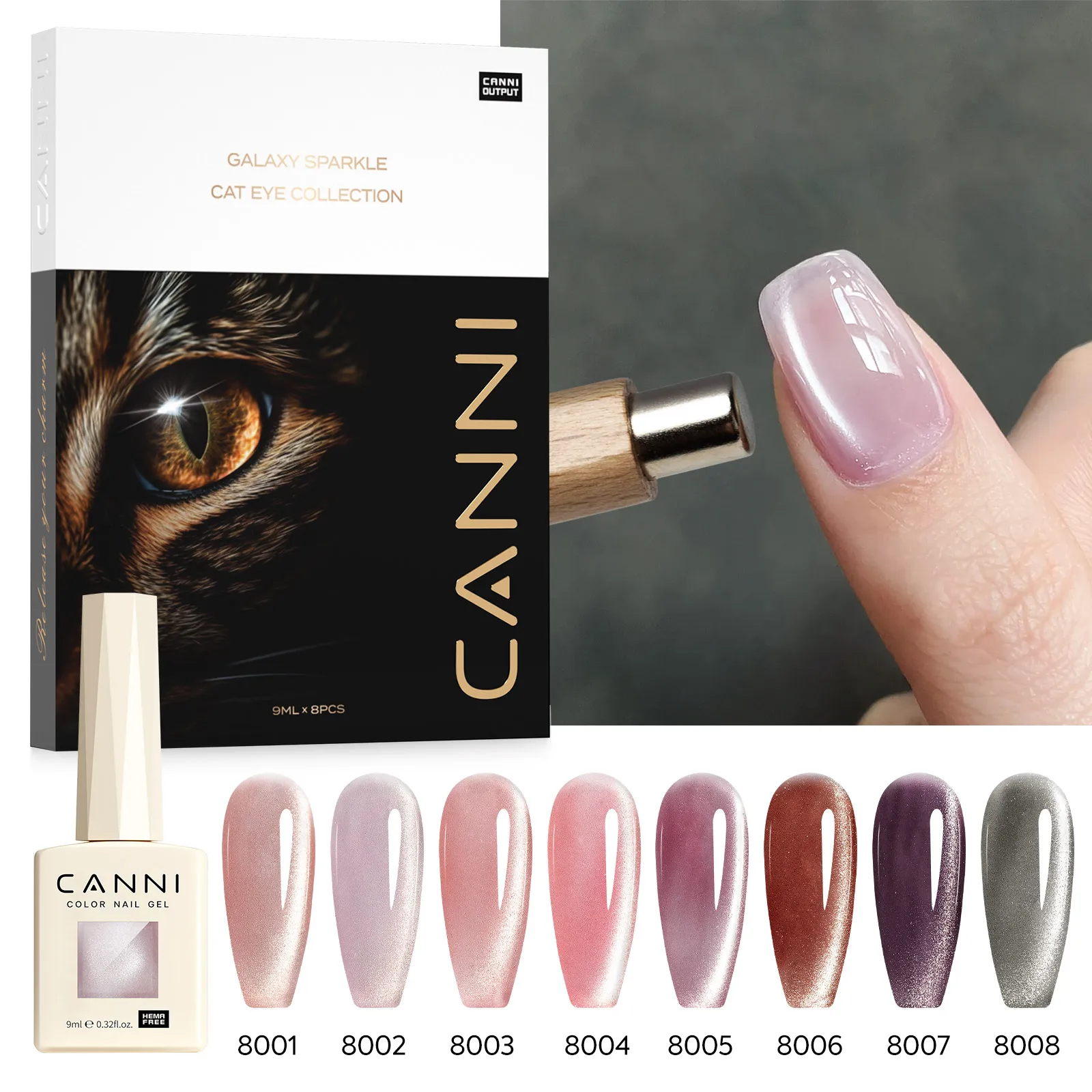 CANNI Kit Vernis Gel UV/LED Cat Eye 9ml – Set 8 Pièces Paillettes Sans HEMA