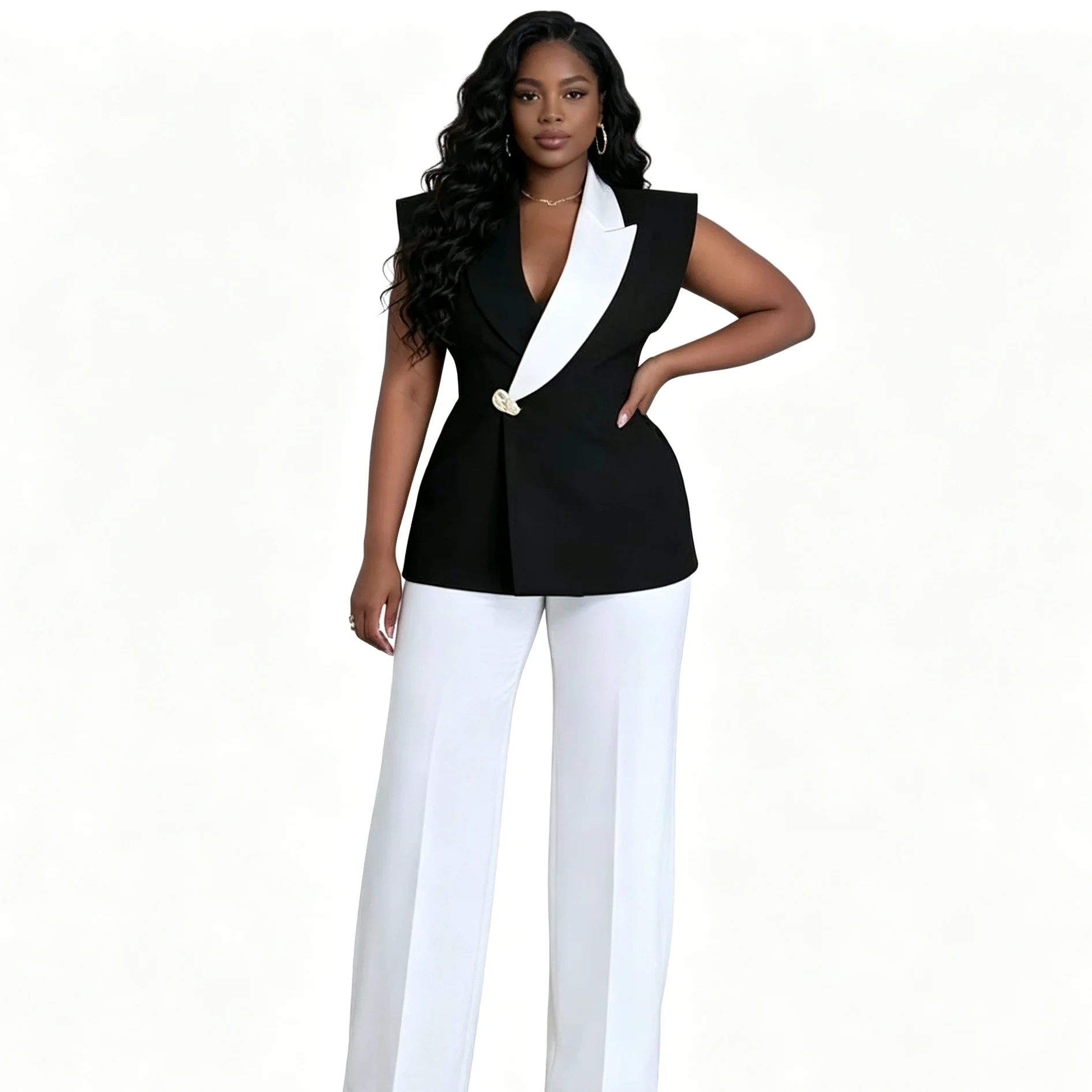 Ensemble 2 pièces femme – Blazer asymétrique color block & pantalon large | Sehe Fashion