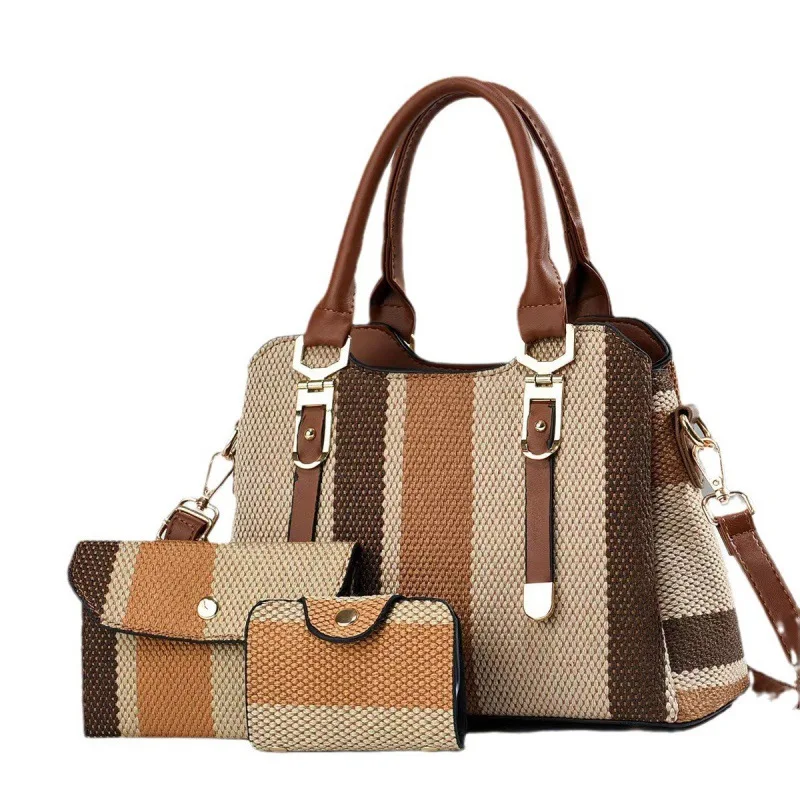 Set 3 Sacs à Main Femme | Fourre-tout + Bandoulière + Portefeuille Cuir PU Rayures