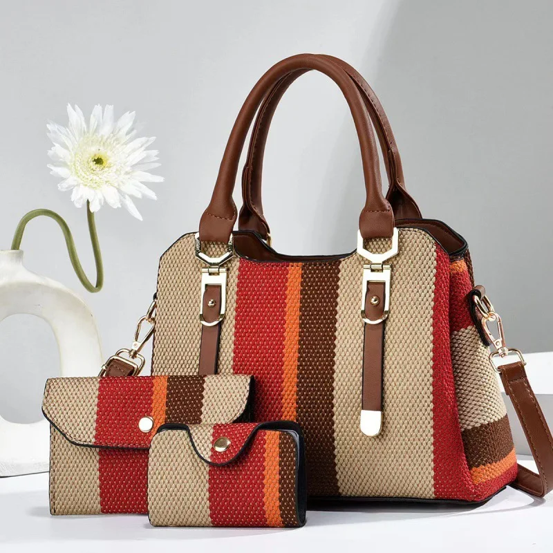 Set 3 Sacs à Main Femme | Fourre-tout + Bandoulière + Portefeuille Cuir PU Rayures