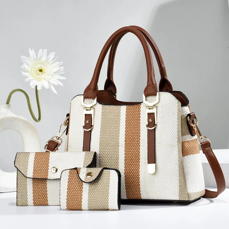 Set 3 Sacs à Main Femme | Fourre-tout + Bandoulière + Portefeuille Cuir PU Rayures