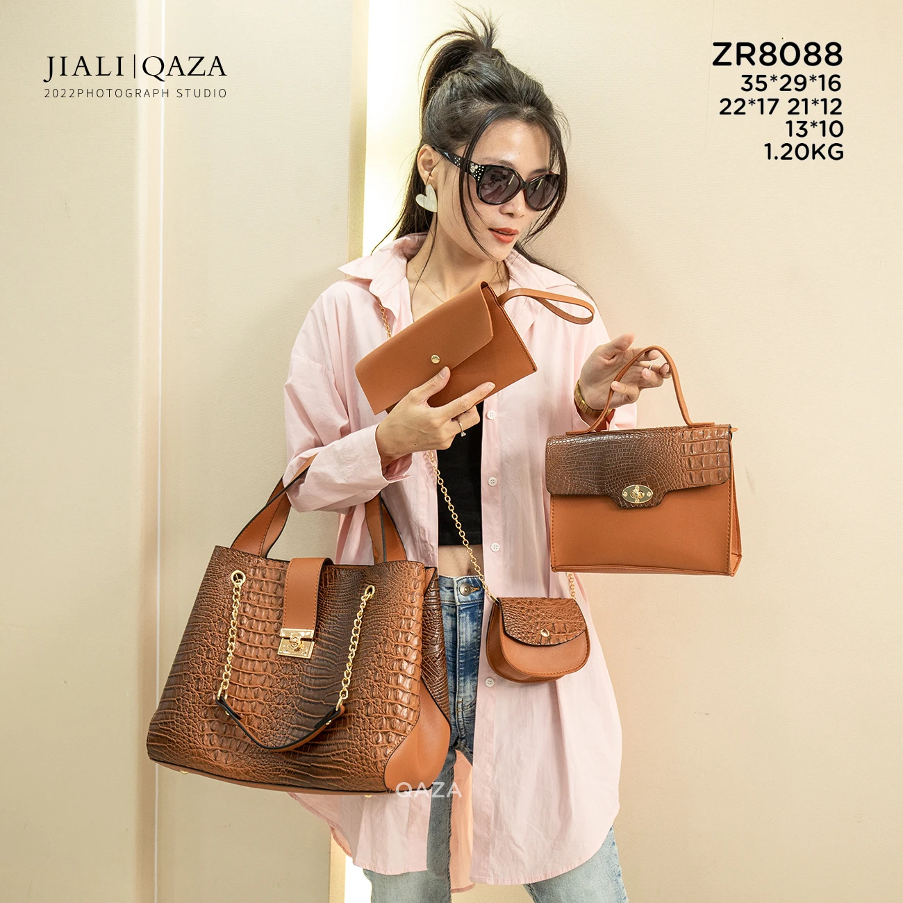 Sac à main femme 4 en 1 motif crocodile QAZA – Grande capacité, cuir PU tendance 2024