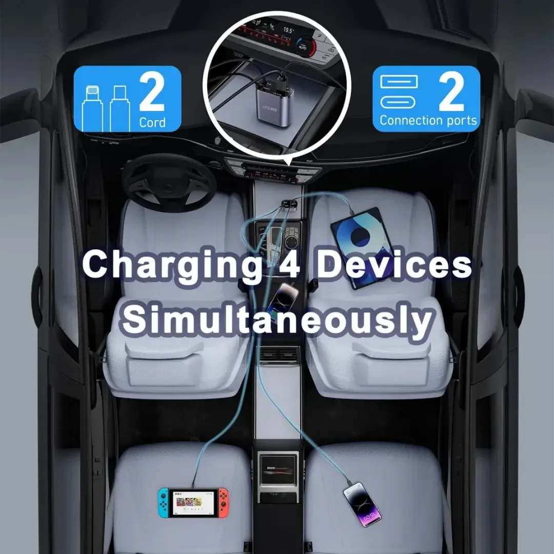 Chargeur de Voiture 5 en 1 – Charge Rapide 100W Type-C et USB avec 4 Ports, Adaptateur Universel 12V/24V pour iPhone, Android et Accessoires