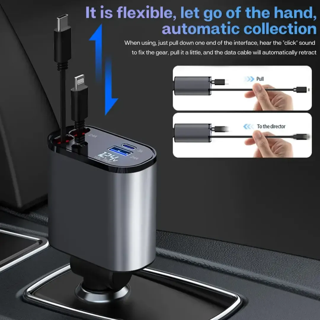 Chargeur de Voiture 5 en 1 – Charge Rapide 100W Type-C et USB avec 4 Ports, Adaptateur Universel 12V/24V pour iPhone, Android et Accessoires