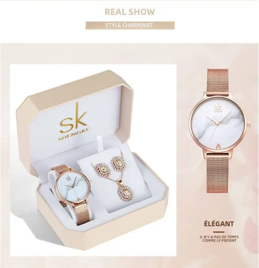 Coffret Cadeau Élégance Femme – Montre SK Dorée avec Parure Collier et Boucles d'Oreilles