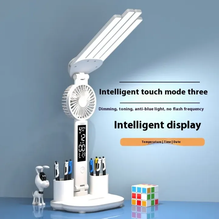 Lampe de Bureau Multifonction avec Ventilateur, Porte-Stylos et Écran LED – Éclairage Réglable pour Étude et Bureau