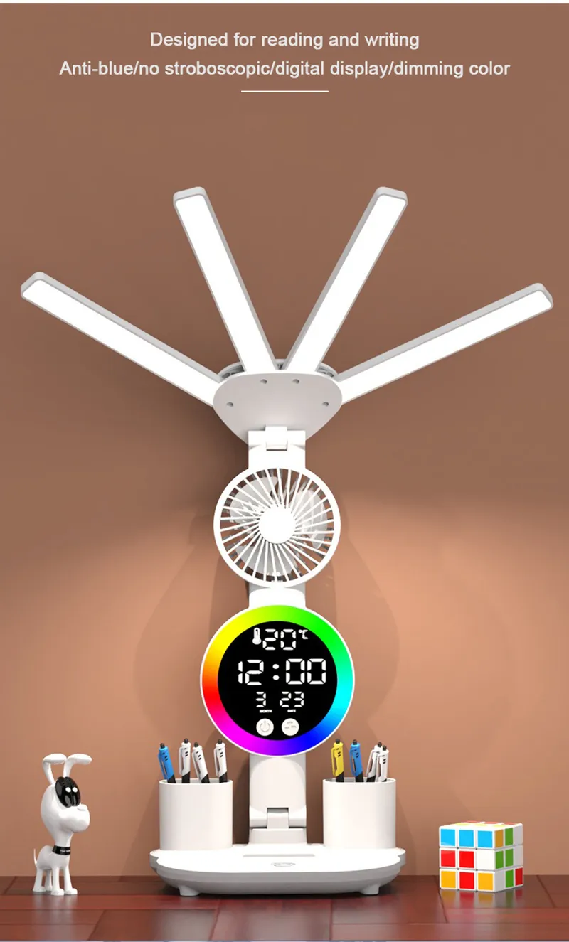 Lampe de Bureau Multifonction avec Ventilateur, Porte-Stylos et Écran LED – Éclairage Réglable pour Étude et Bureau