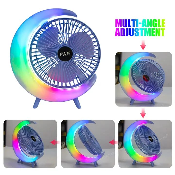 Mini Ventilateur Électrique Portable avec Lumière LED Multicolore – Recharge USB, Bureau et Maison