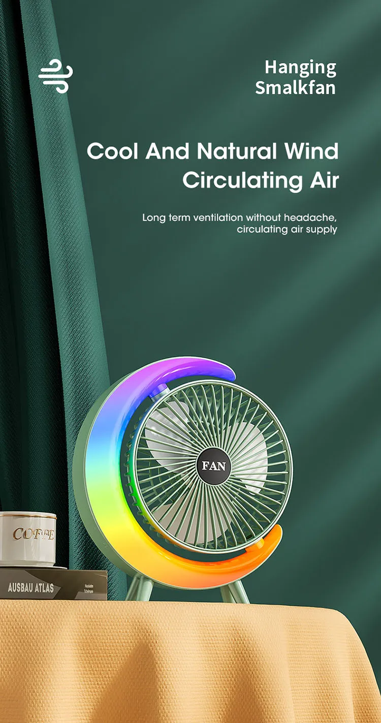 Mini Ventilateur Électrique Portable avec Lumière LED Multicolore – Recharge USB, Bureau et Maison