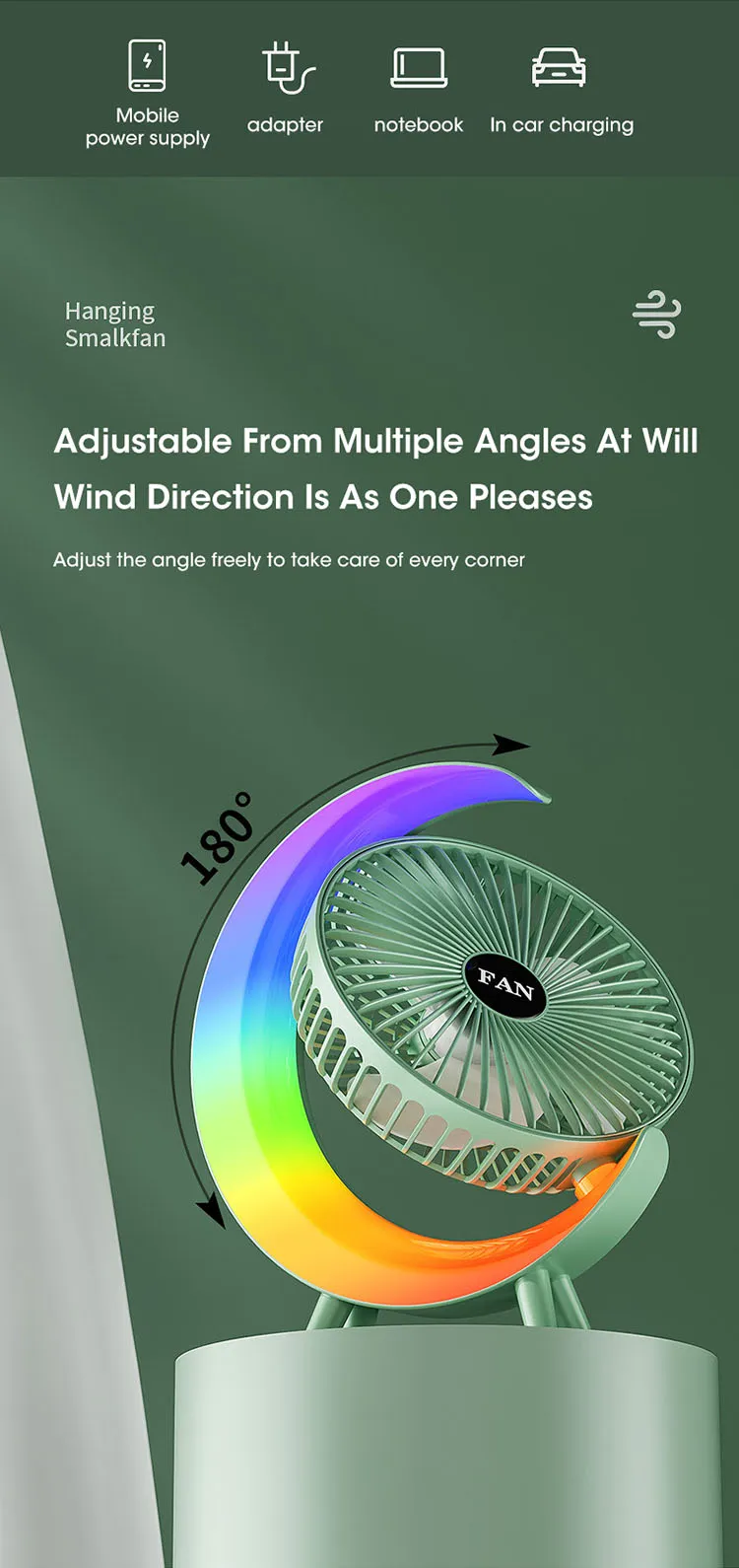 Mini Ventilateur Électrique Portable avec Lumière LED Multicolore – Recharge USB, Bureau et Maison