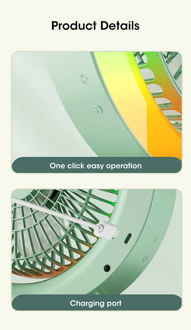 Mini Ventilateur Électrique Portable avec Lumière LED Multicolore – Recharge USB, Bureau et Maison