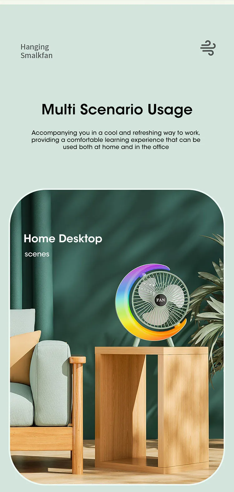 Mini Ventilateur Électrique Portable avec Lumière LED Multicolore – Recharge USB, Bureau et Maison