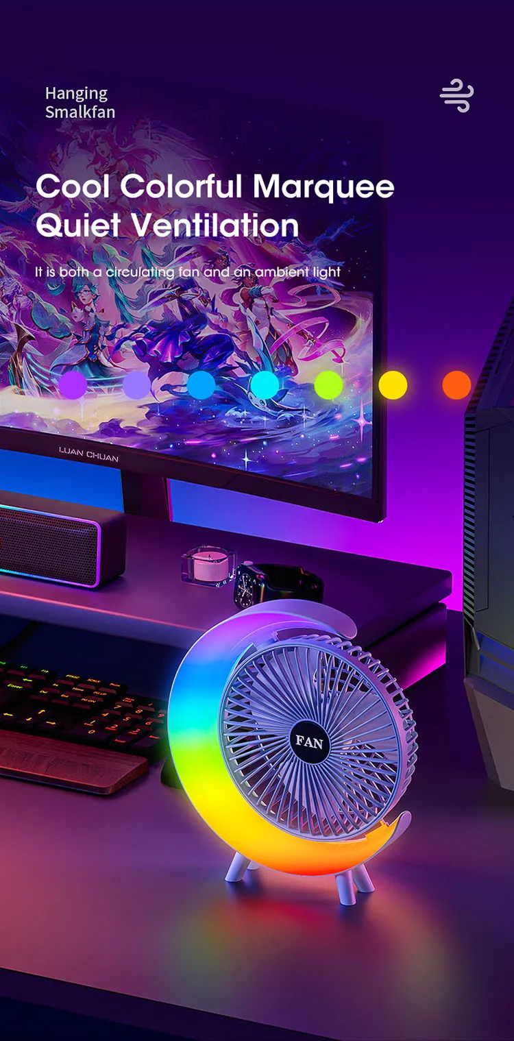 Mini Ventilateur Électrique Portable avec Lumière LED Multicolore – Recharge USB, Bureau et Maison