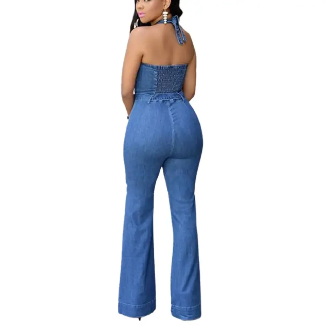 Combinaison Pantalon Femme Jean Bleu Délavé à Bretelles Dos Nu – Look Décontracté et Tendance