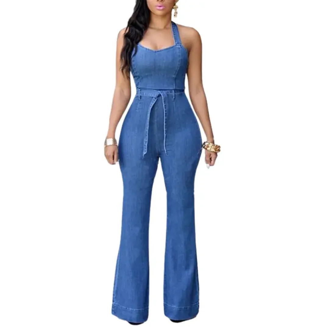 Combinaison Pantalon Femme Jean Bleu Délavé à Bretelles Dos Nu – Look Décontracté et Tendance