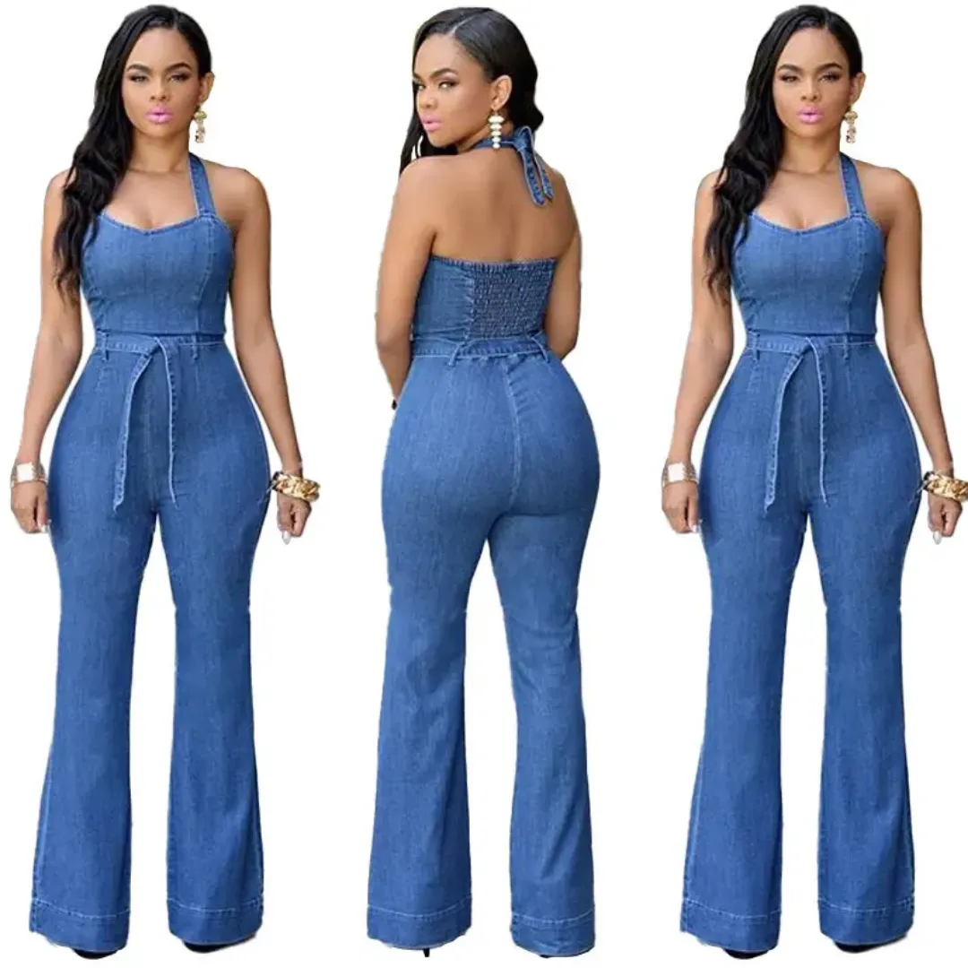 Combinaison Pantalon Femme Jean Bleu Délavé à Bretelles Dos Nu – Look Décontracté et Tendance