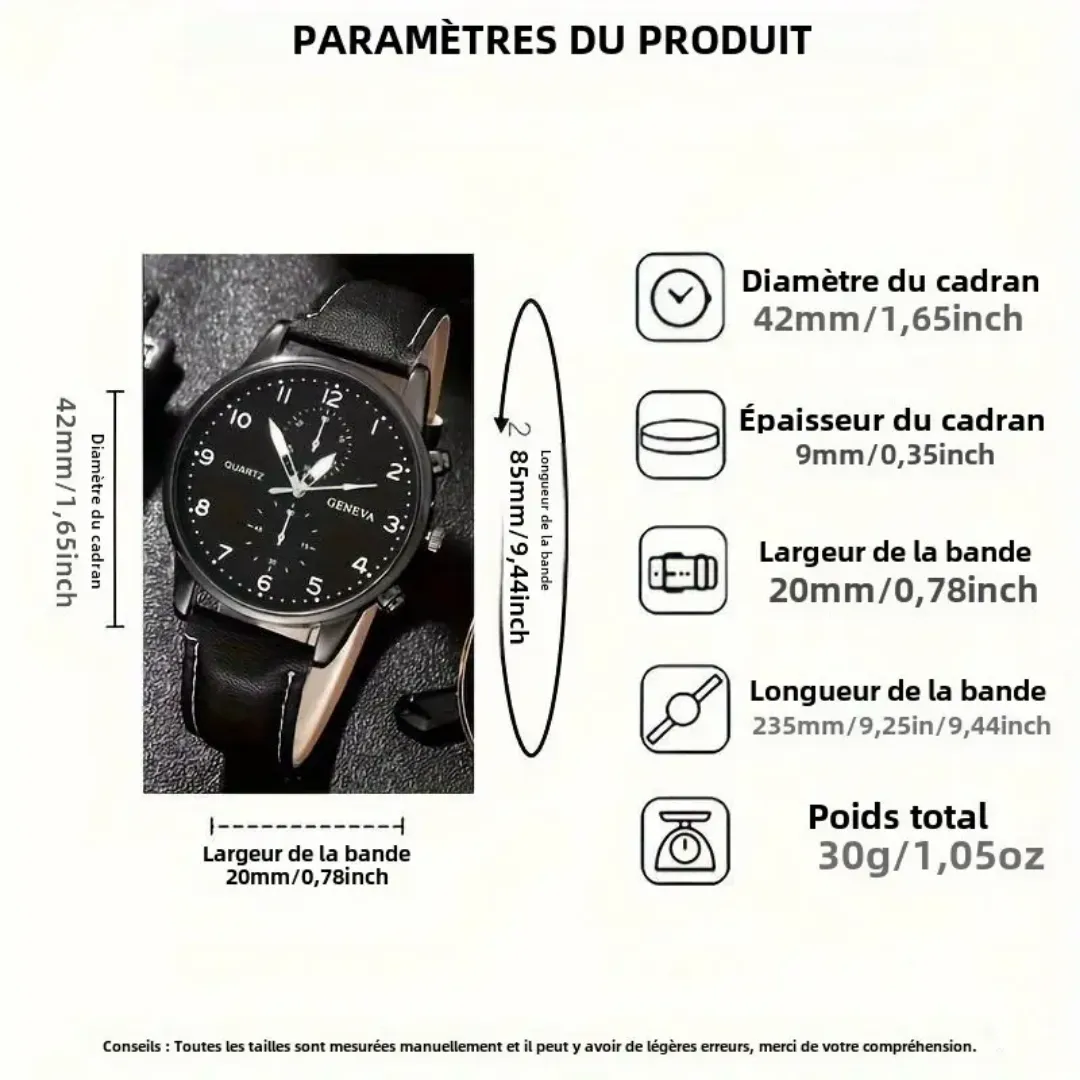 Montre Homme Élégante avec Ensemble Bracelets Cuir – Style Affaires & Mode Décontractée
