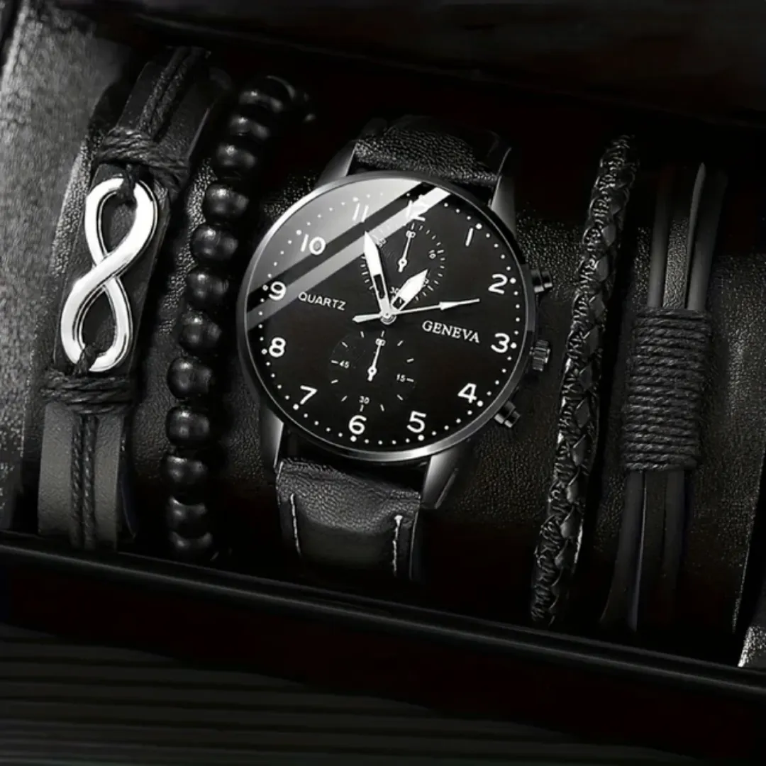 Montre Homme Élégante avec Ensemble Bracelets Cuir – Style Affaires & Mode Décontractée