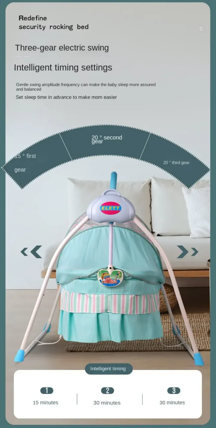 Berceau Électrique Pliable Smart Sleep - Berceau Bébé Métal avec Balancelle et Moustiquaire pour Maison, Hôtel et Extérieur