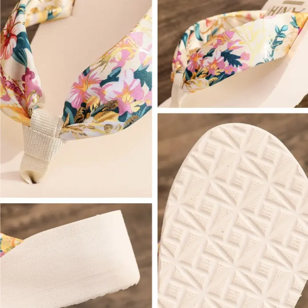 Tongs d’Été Femme – Sandales à Talon Compensé avec Brides Fleuries, Style Décontracté et Élégant