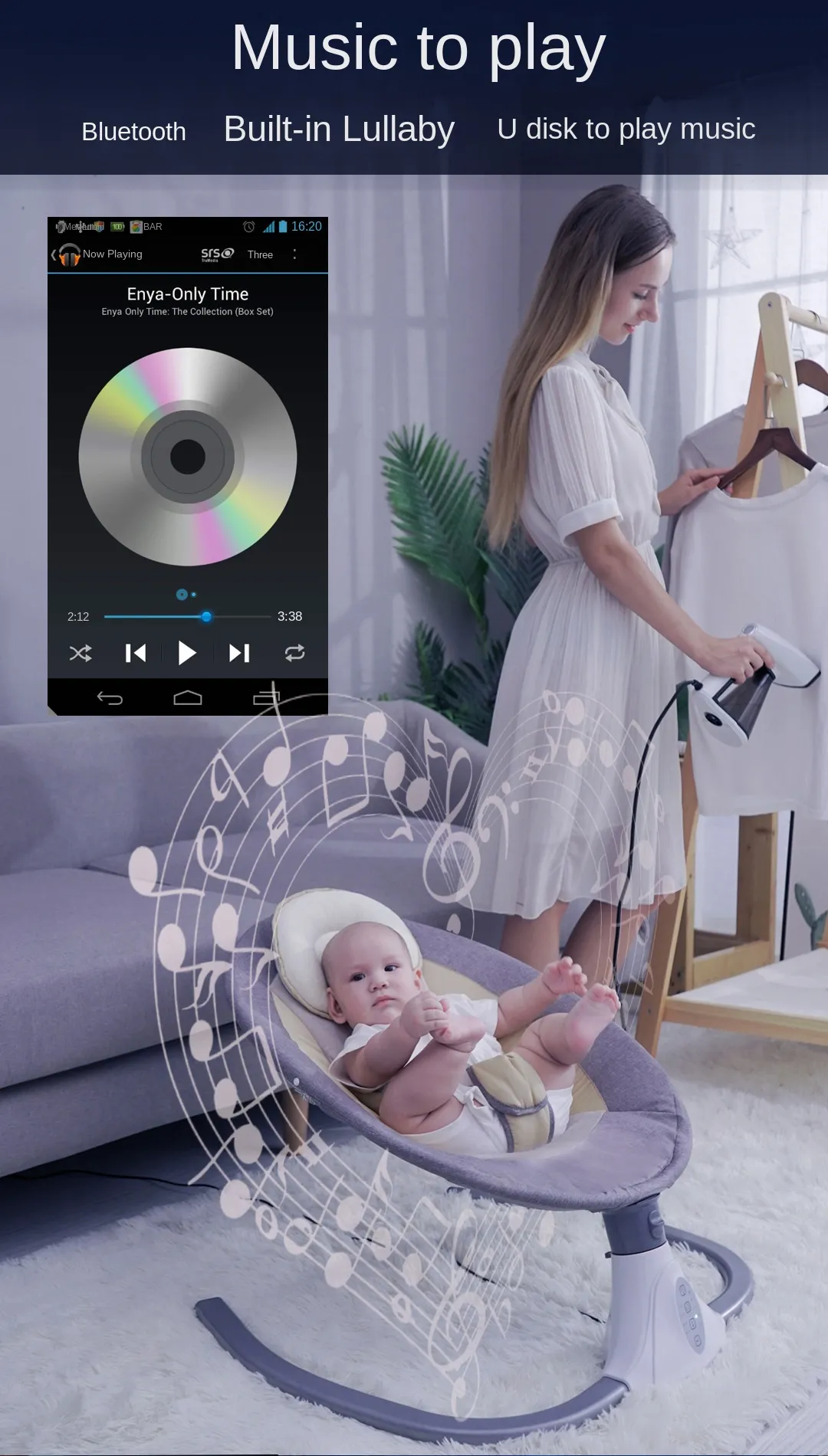 Berceau Électrique Intelligent pour Bébé avec Balancelle, Musique et Moustiquaire - Siège Relaxant et Sécurisé