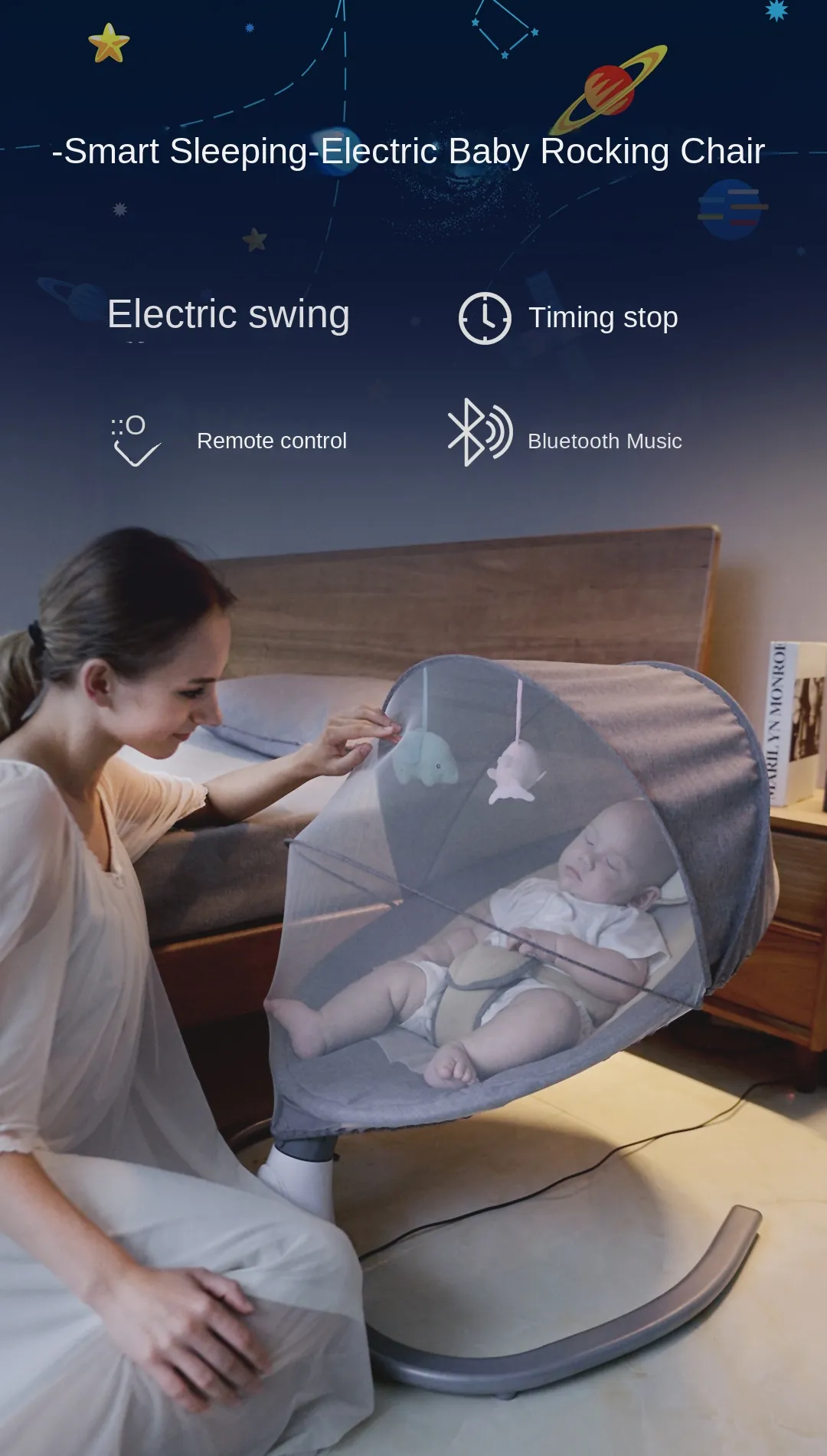 Berceau Électrique Intelligent pour Bébé avec Balancelle, Musique et Moustiquaire - Siège Relaxant et Sécurisé