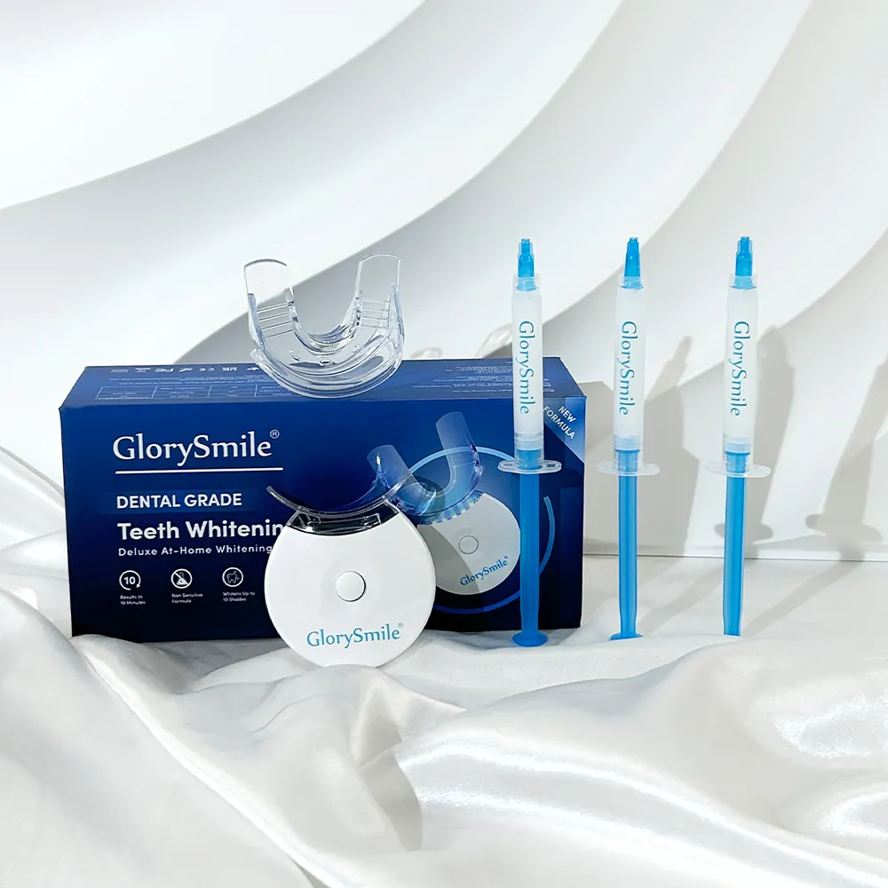 Kit Professionnel de Blanchiment des Dents GlorySmile – LED Bleue Rechargeable + 3 Gels Blanchissants – Système à Domicile avec Logo Personnalisable
