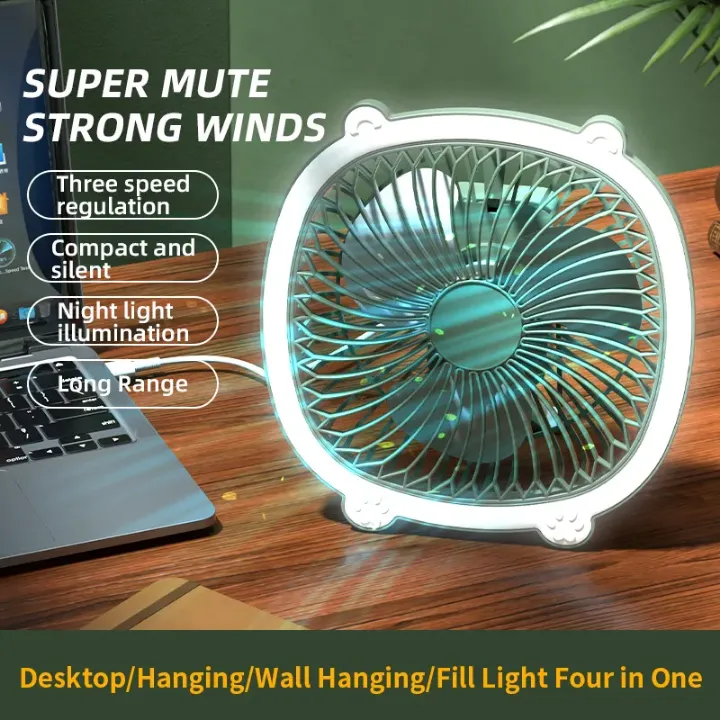 Mini Ventilateur Multifonction Rechargeable USB avec Éclairage LED – 3 vitesses, portable et mural