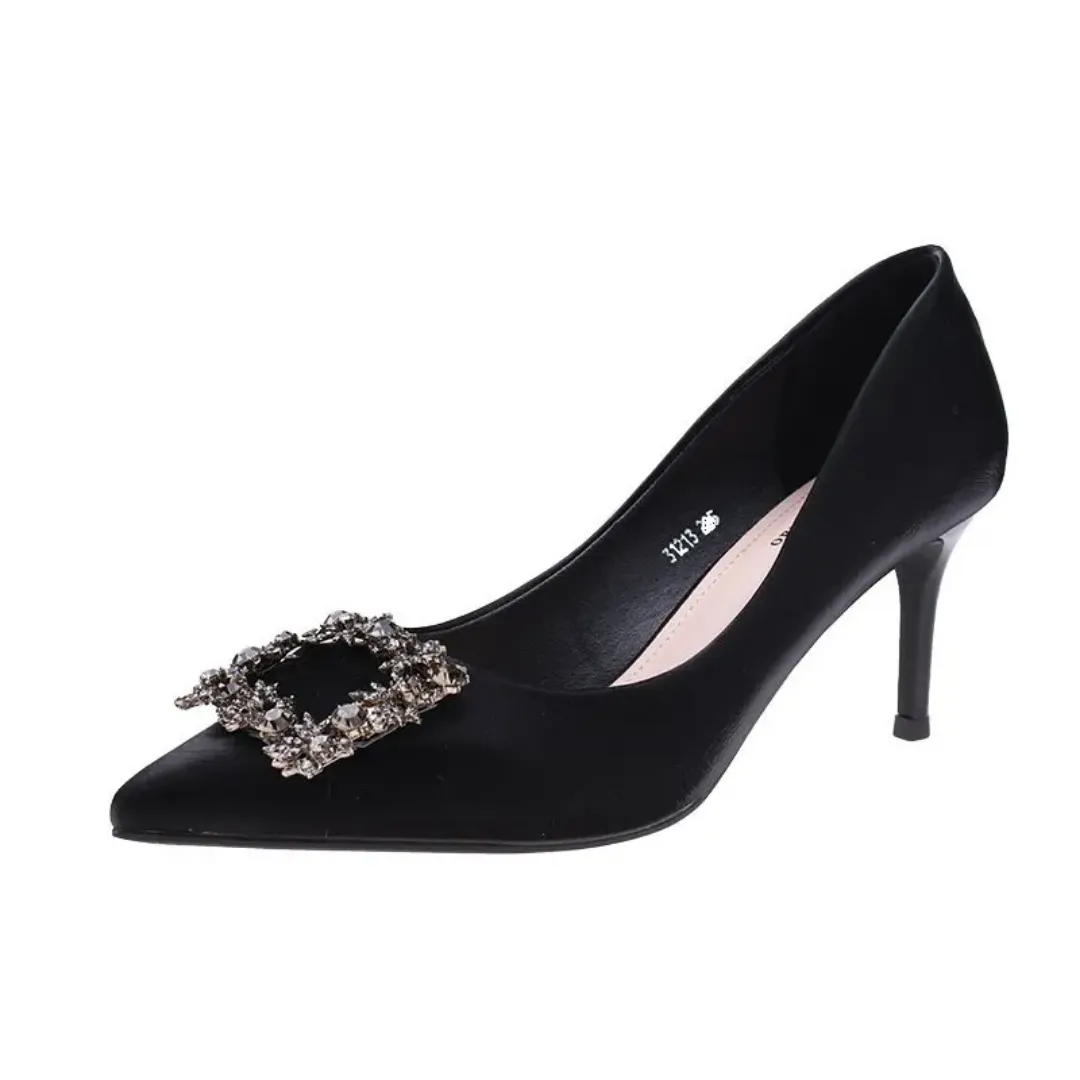 Escarpins noirs en daim avec strass pour femmes – Talons hauts élégants à bout pointu, confortables et antidérapants