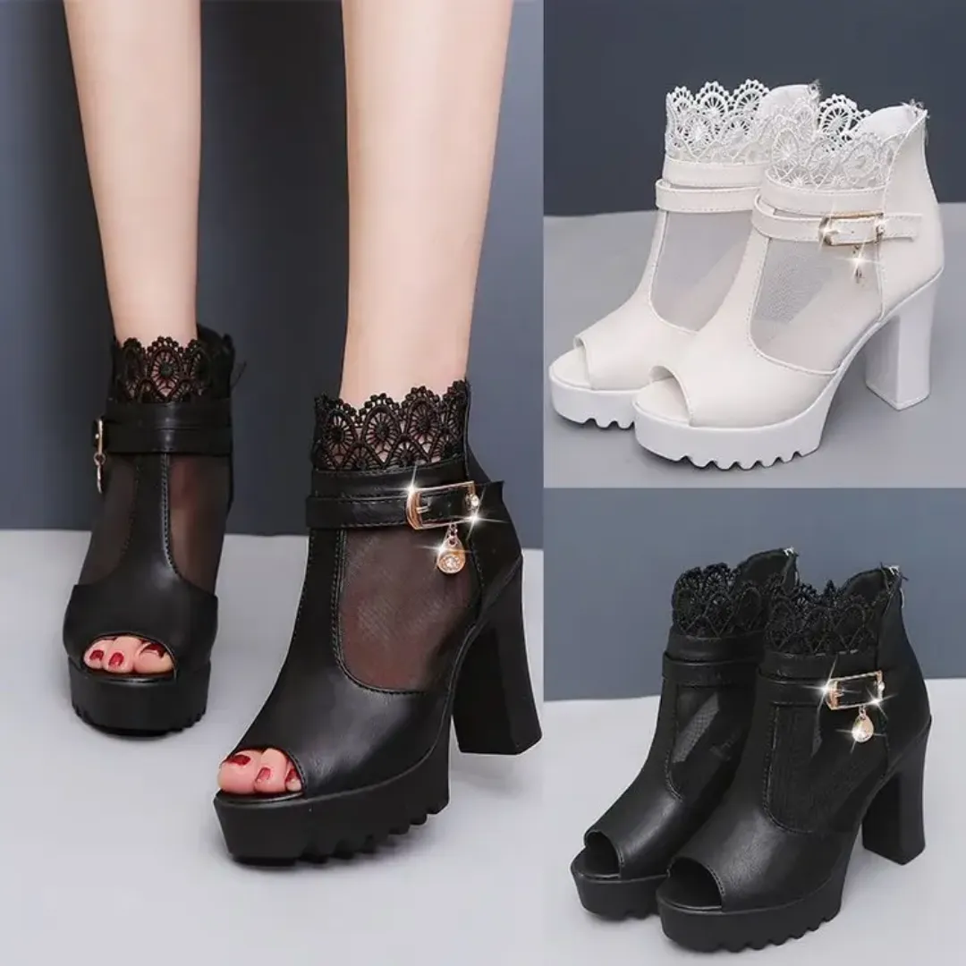 Bottines d’Été Femme à Talons Hauts – Dentelle Respirante & Cuir PU – Élégantes et Confortables