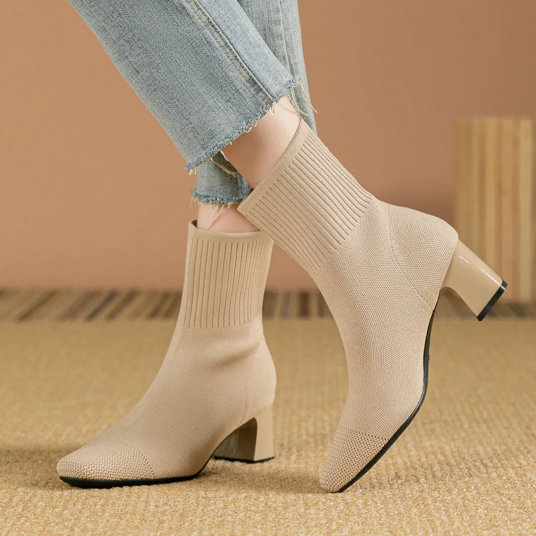 Bottes Chaussettes Femme à Talons Épais – Tissu Tricoté Extensible et Élégant