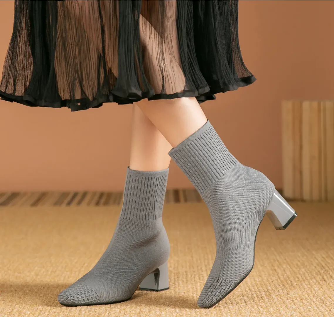 Bottes Chaussettes Femme à Talons Épais – Tissu Tricoté Extensible et Élégant