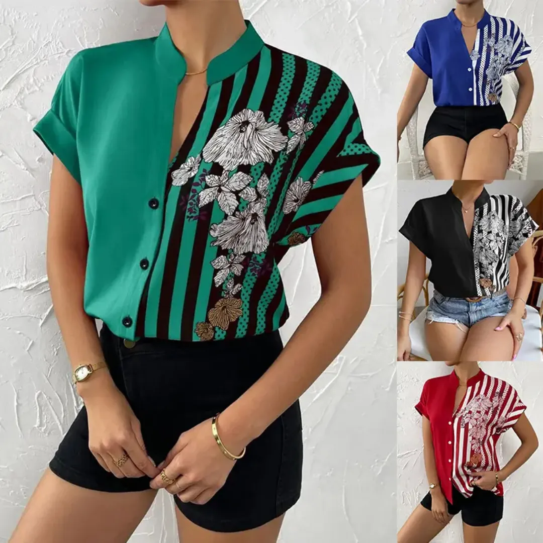 Chemise Femme Élégante Rouge à Motifs Rayures et Fleurs – Manches Courtes