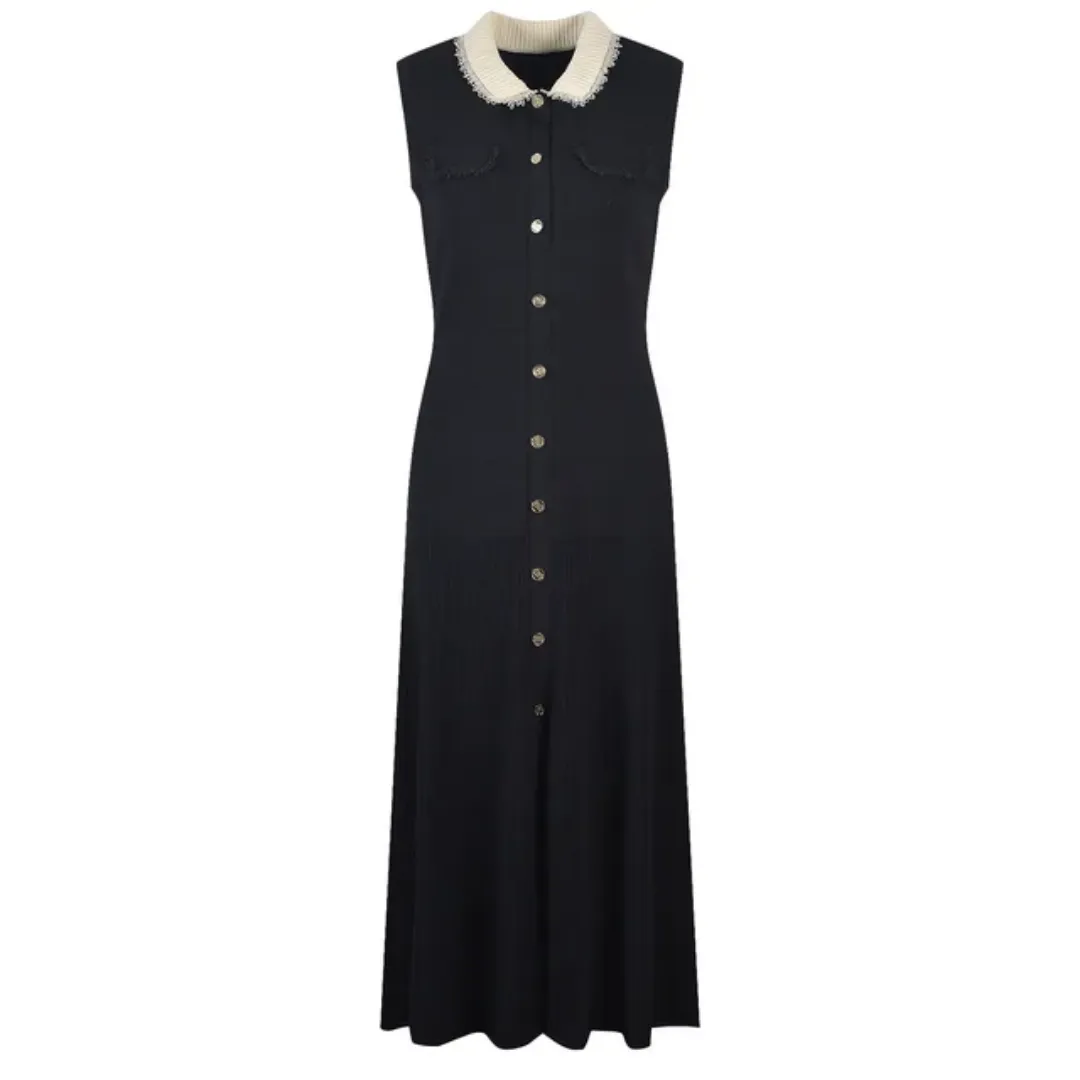 Robe Noire Sans Manches Tricotée – Style Sexy, Boutonnée, Dentelle Élégante – Robe pour Femmes, Été et Printemps