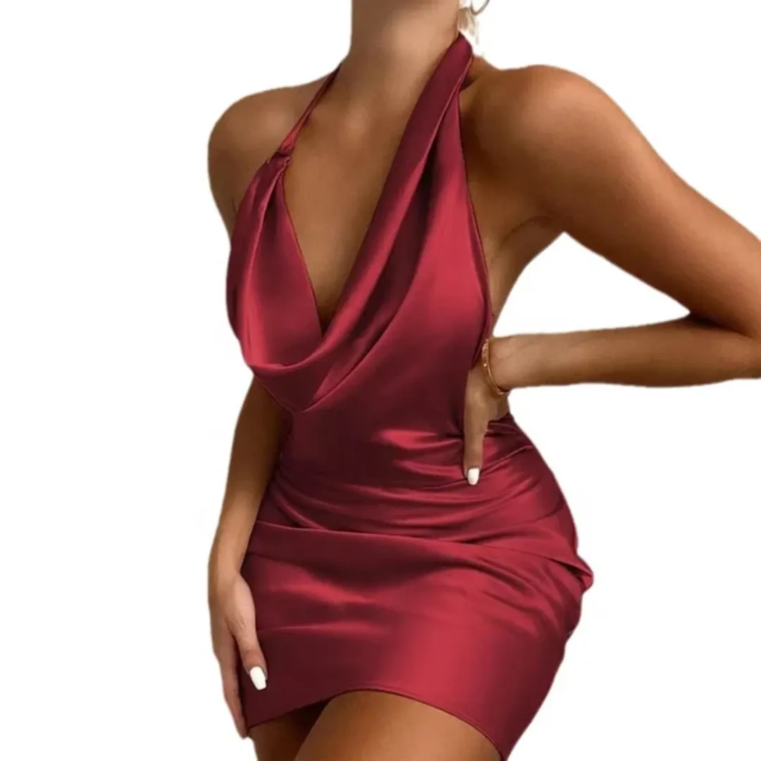 Robe mi-longue dos nu en satin moulant – Style Sexy & Club, sans manches, col drapé