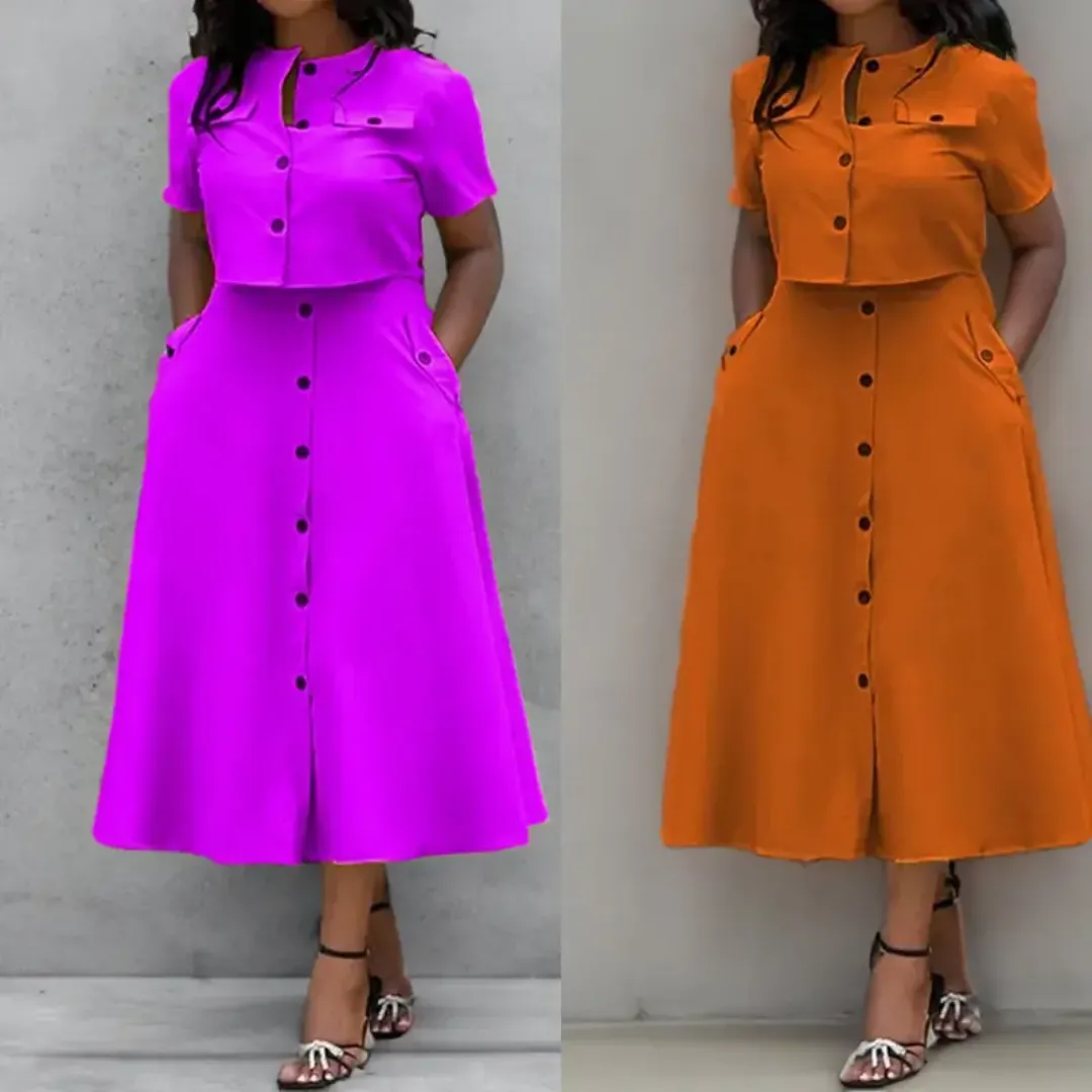 Ensemble deux pièces femme : haut court à manches courtes et jupe taille haute boutonnée – Style décontracté chic
