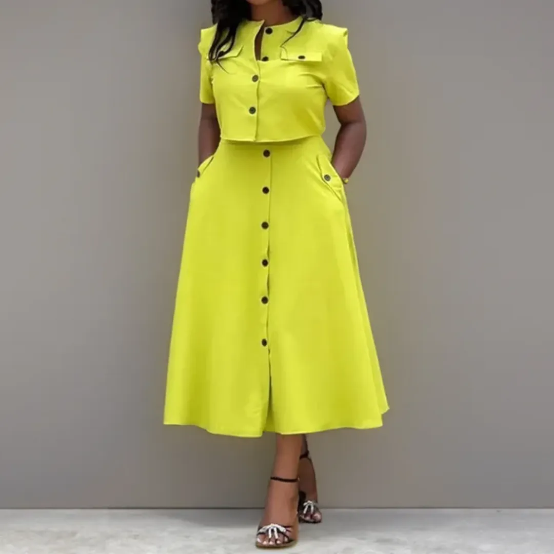 Ensemble deux pièces femme : haut court à manches courtes et jupe taille haute boutonnée – Style décontracté chic