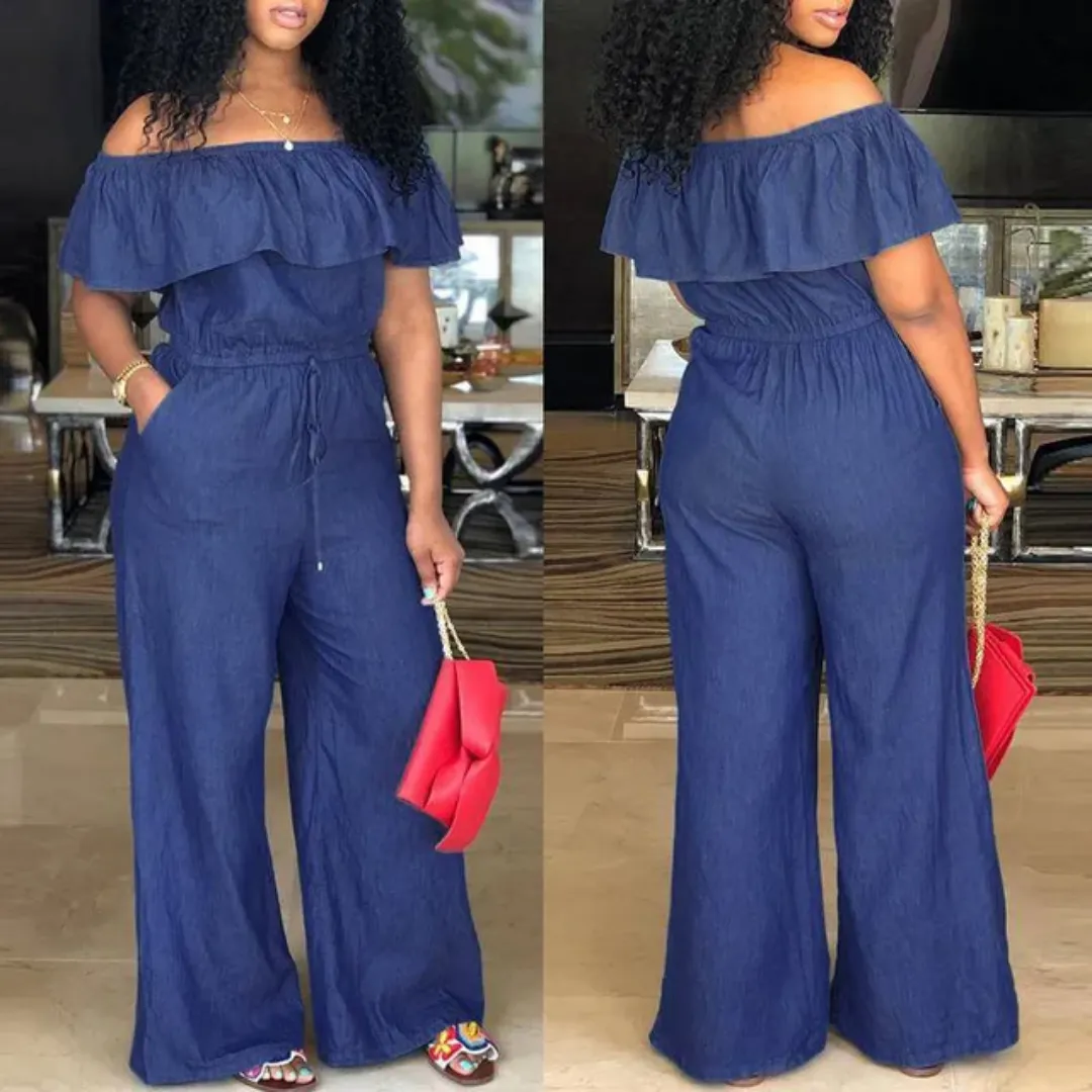 Combinaison pantalon femme en denim – col volanté, manches courtes, style décontracté été, jambe large