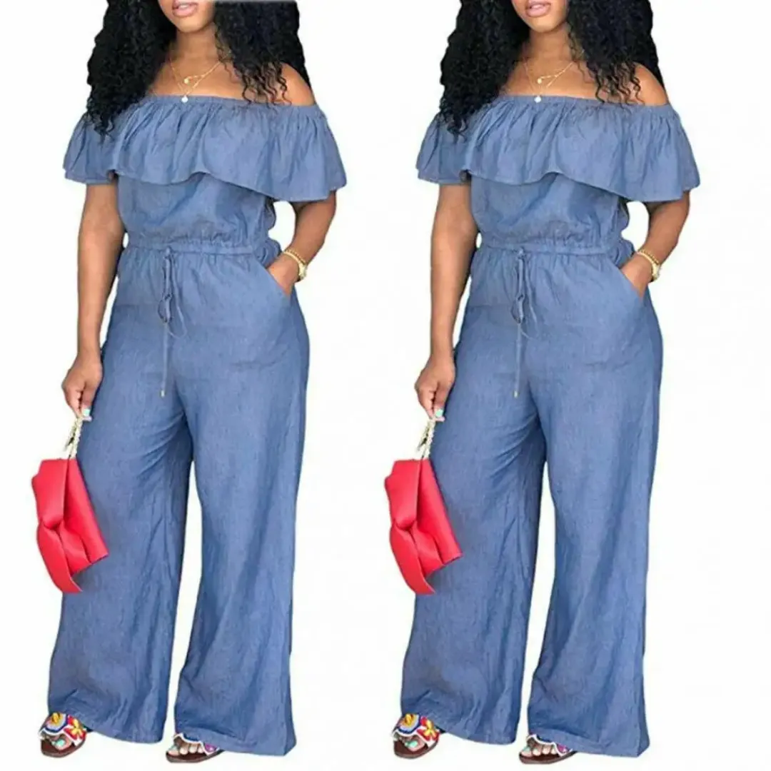 Combinaison pantalon femme en denim – col volanté, manches courtes, style décontracté été, jambe large