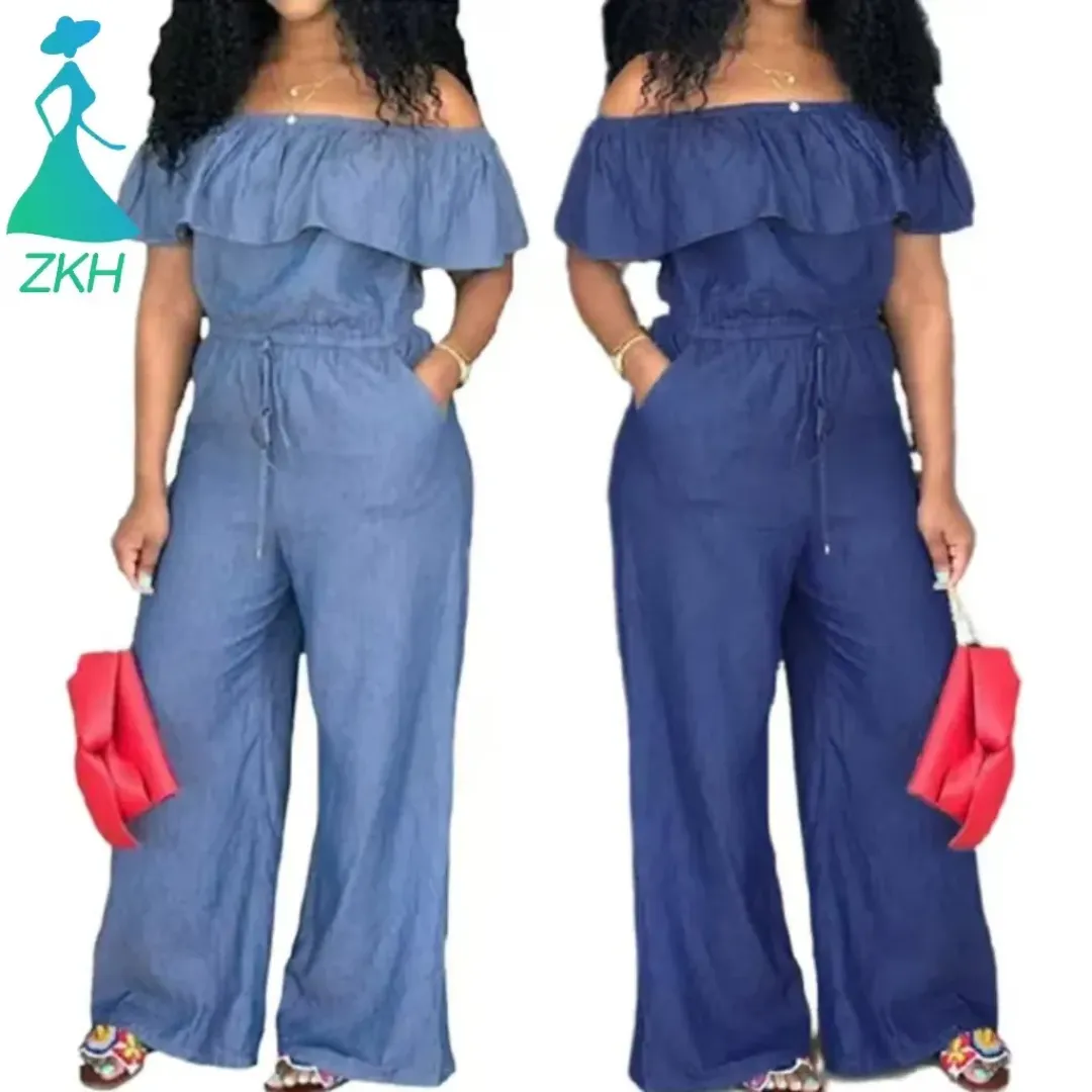 Combinaison pantalon femme en denim – col volanté, manches courtes, style décontracté été, jambe large