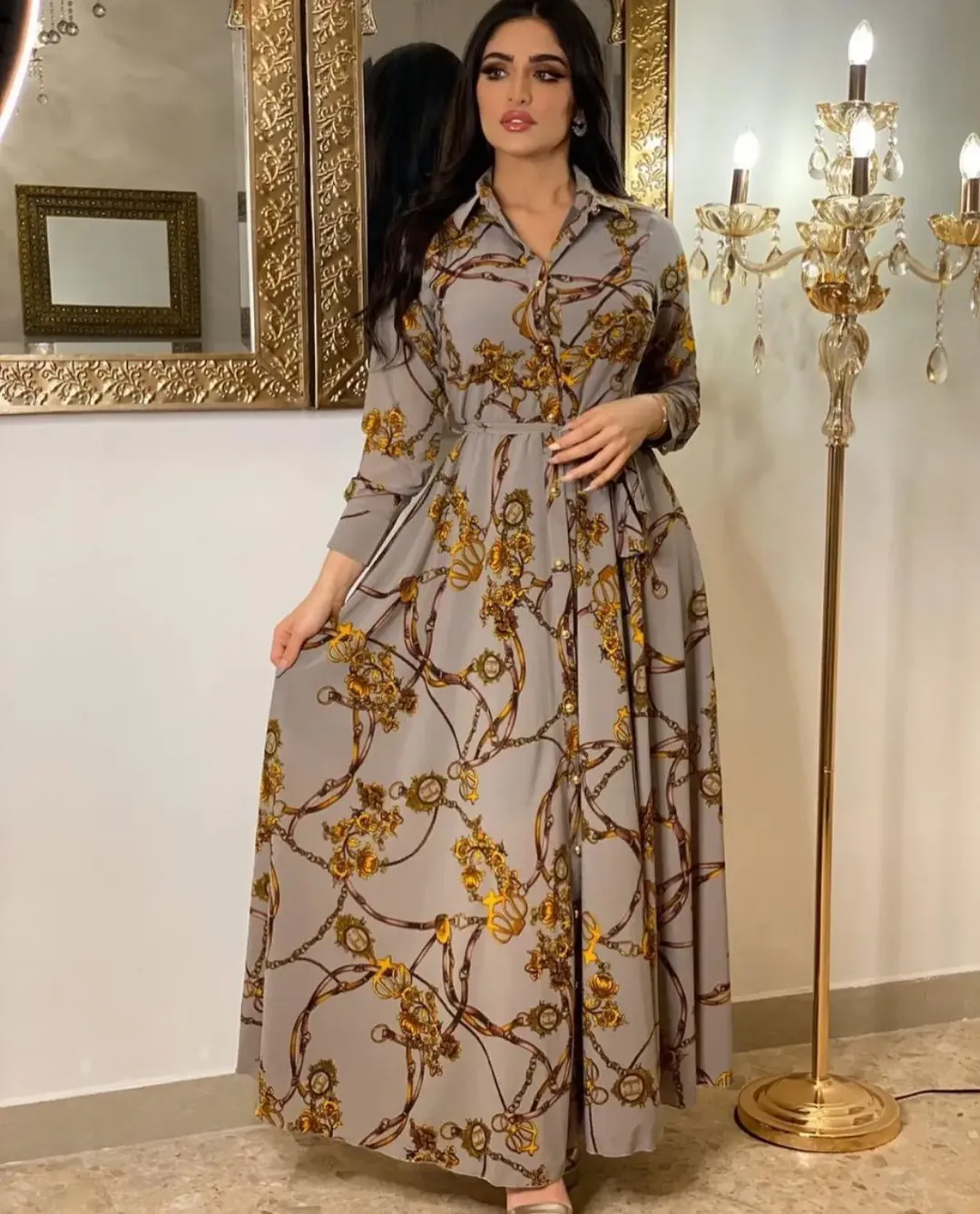 Robe Longue Élégante Femme Style Oriental – Manches Longues, Ceinture Taille Haute, Motif Vintage