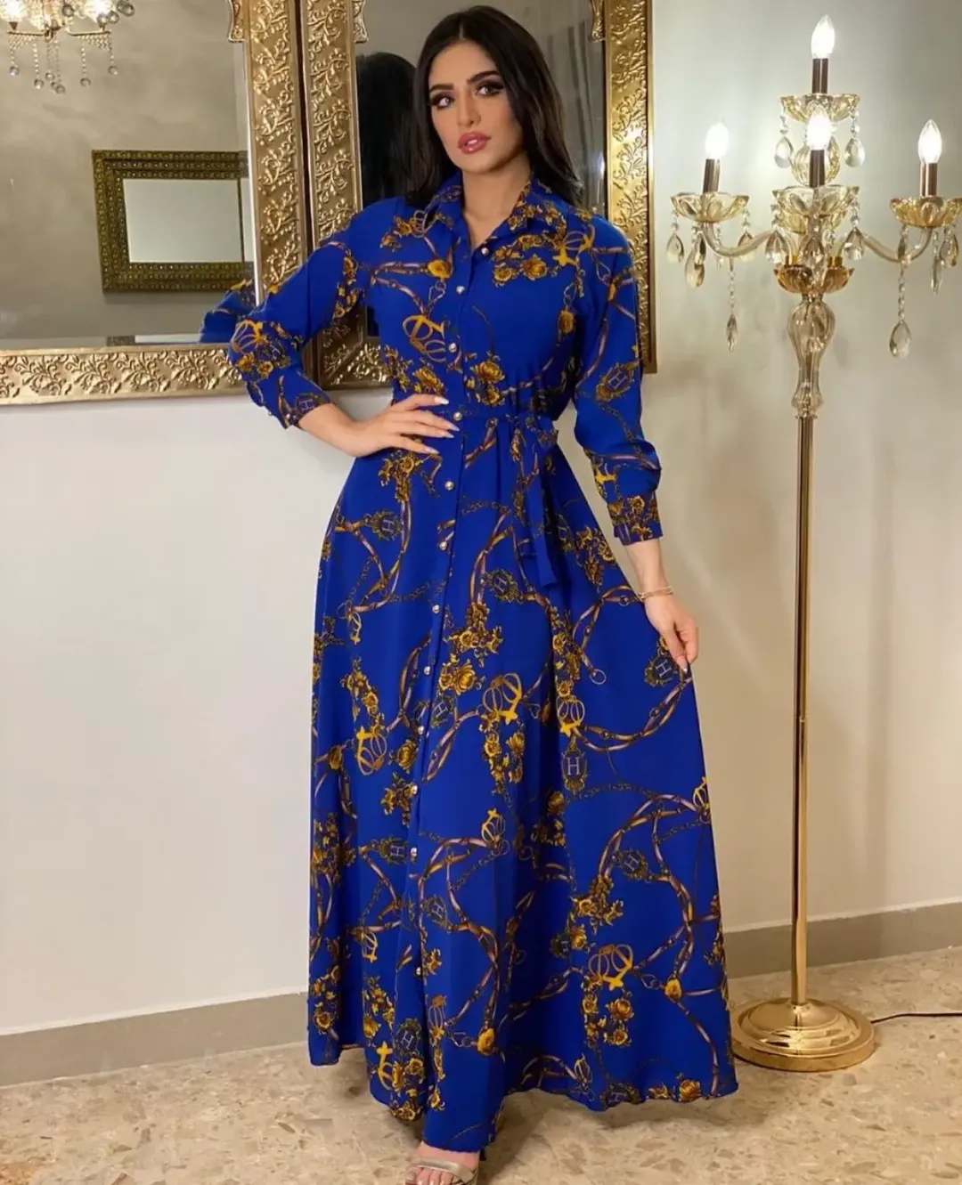 Robe Longue Élégante Femme Style Oriental – Manches Longues, Ceinture Taille Haute, Motif Vintage