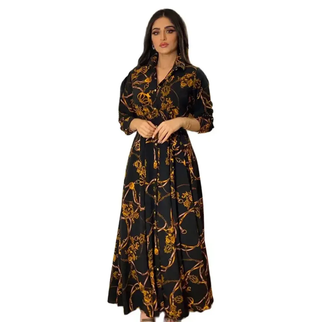 Robe Longue Élégante Femme Style Oriental – Manches Longues, Ceinture Taille Haute, Motif Vintage
